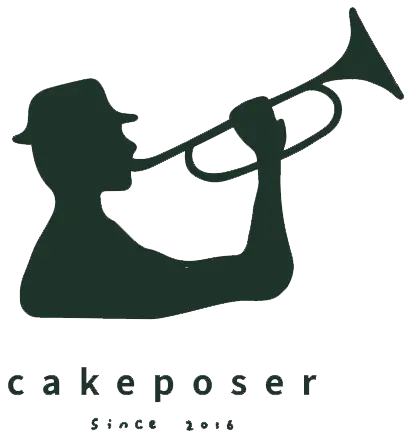 A dark green silhouette logo of a hat-wearing trumpet player, with text “cakeposer Since 2016” and a “Z” icon, on a transparent checkered background.